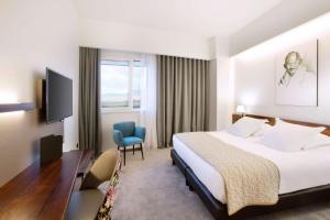 um quarto de hotel com uma cama e uma televisão em Best Western Plus Hotel & Restaurant Les Humanistes Colmar Nord em Sélestat