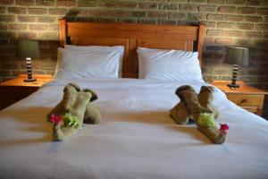 two teddy bears are sitting on a bed at Thaba Tsweni Lodge & Safaris in Graskop