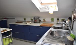 a kitchen with blue cabinets and a sink at Le Petite Resort B&B in Rome