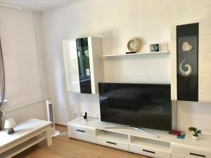 sala de estar con TV de pantalla plana grande en Apartment Sweet, en Hannover