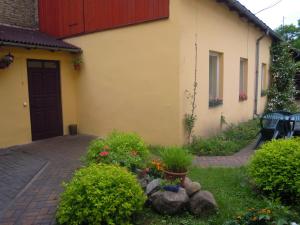 a house with a door and a yard with flowers at Apartment Hotel Rubini in Ventspils
