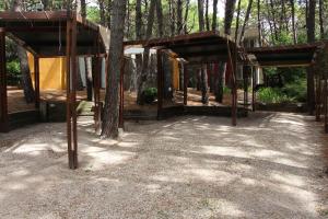 a group of wooden shelters in the woods at Entrepinos Apart in Mar Azul