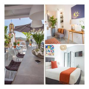 un collage di tre foto di una camera d'albergo di Almijara Residence a Cómpeta