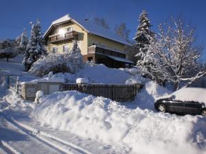 a snow covered yard with a house and a car at Apartman Kublovi in Vimperk