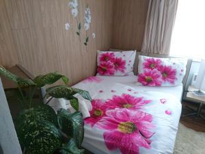 捷克布傑約維采的住宿－Apartment Hlinská，一张床上有粉红色花朵的睡床