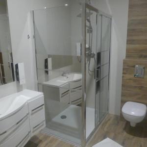 La salle de bains est pourvue d'une douche, d'un lavabo et de toilettes. dans l'établissement Wichrowe Wzgórze Chmielno, à Chmielno