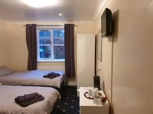 a hotel room with two beds and a window at Trem Hyfryd B&B in Dolgellau