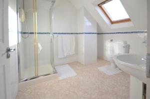ein Badezimmer mit Dusche, Toilette und Waschbecken in der Unterkunft Cottage 323 - Cleggan in Cleggan + 30 Fotos
