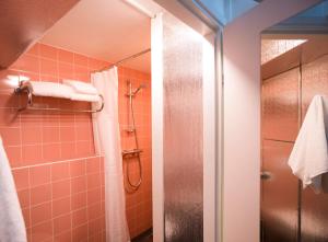 a bathroom with a shower and a shower curtain at SWEETS - Westerdoksbrug in Amsterdam