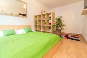 ウィーンにあるApartment Wilhelmstrasseのベッドルーム(緑のベッド1台、本棚付)