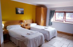 two beds in a room with yellow walls at King's Head Inn in Llangennith