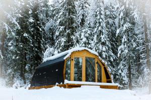 a dome tent in the snow in front of trees at Hidden House Pirttijärvi in Jämsä