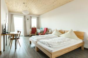een slaapkamer met een bed en een tafel en stoelen bij Hotel Hohe Flum in Schopfheim
