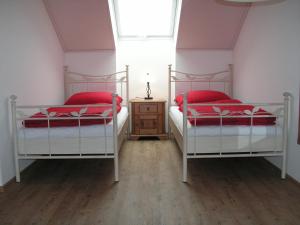 2 Einzelbetten in einem Zimmer mit Fenster in der Unterkunft Ferienappartements Bernhart in Stadecken-Elsheim