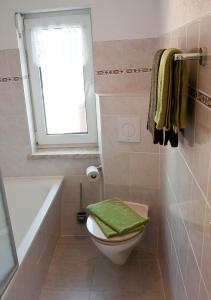 a bathroom with a toilet and a window and a tub at Ferienwohnung Hornig in Friedrichroda