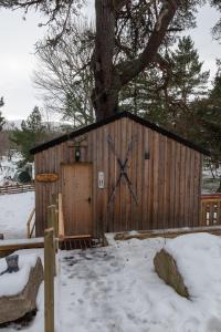 a wooden shed with a clock on it in the snow at Pine Marten Bar Glenmore Treehouse in Aviemore