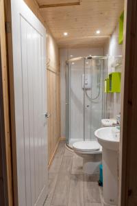 a bathroom with a shower and two toilets and a sink at Pine Marten Bar Glenmore Treehouse in Aviemore