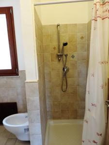 a bathroom with a shower with a tub and a sink at la casetta rosa in Tertenìa