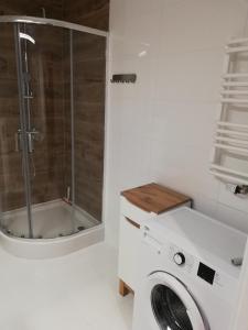 a white bathroom with a shower and a washing machine at Apartament Centrum Więckowskiego in Łódź