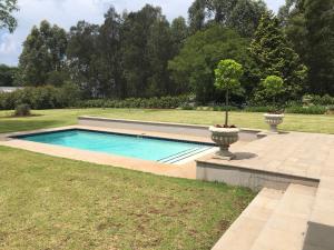 a swimming pool in a yard with two vases at Idavold Cottages in Howick