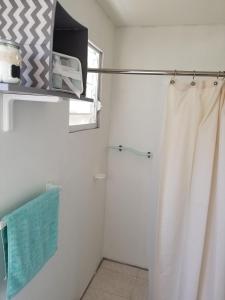 baño con cortina de ducha y ventana en Tropical Delightful Guest Studio, en Canóvanas