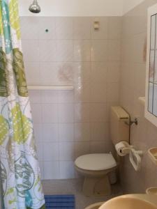 a bathroom with a toilet and a shower curtain at Baia Azzurra in Capoliveri