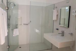y baño con ducha acristalada y lavamanos. en Hotel Davimar, en Guamúchil
