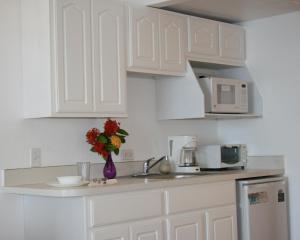 a kitchen with a white counter top and white cabinets at Hotel on the Cay in Christiansted