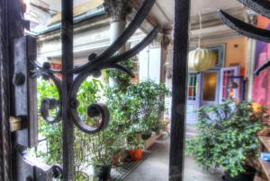 a wrought iron gate with potted plants on a balcony at Lavender Circus Hostel, Doubles & Ensuites in Budapest