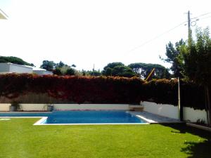 uma piscina num quintal com uma sebe em Villa Casalinho Meco em Aldeia do Meco