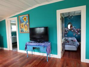 a living room with a tv on a blue wall at Fantail Cottage in Oamaru