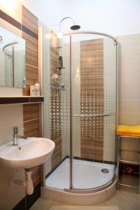 a bathroom with a shower and a sink at Apartm&aacute;n Moyzesova in Ko&scaron;ice