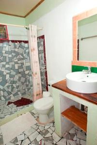 a bathroom with a toilet, sink, and tub at Blue Conga in Puerto Viejo