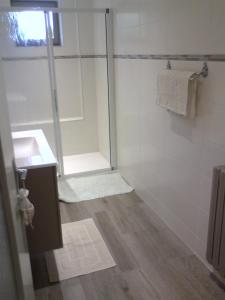 a bathroom with a shower and a sink and a mirror at Chambre de la baronne de Rochegrosse in Saint-Maurice-en-Gourgois