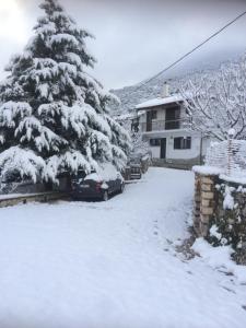 a car parked in front of a snow covered tree at Gourgiana Apartments in Andritsaina