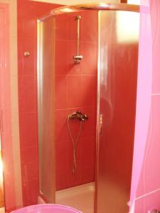 a shower in a bathroom with red tile at Sunny Paradise Family Hotel in Kiten