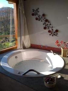 a bath tub in a bathroom with a window at Pousada Caminho da Mata in São Bento do Sapucaí +38 photos