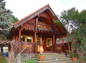 a log cabin with a porch and stairs in front of it at Ξύλινο σπίτι (κορμόσπιτο, μεζονέτα, EcoHouse) in Nea Artaki