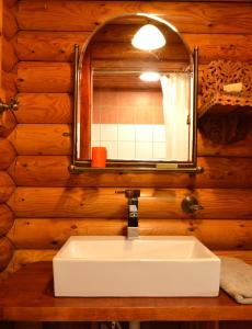 a bathroom with a white sink and a mirror at Ξύλινο σπίτι (κορμόσπιτο, μεζονέτα, EcoHouse) in Nea Artaki