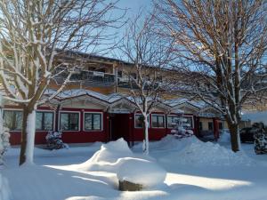 een huis bedekt met sneeuw met bomen ervoor bij Gasthof-Hotel Dilger in Rattenberg