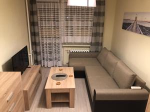 a living room with a couch and a coffee table at Apartament na Zielonej parter in Kędzierzyn-Koźle