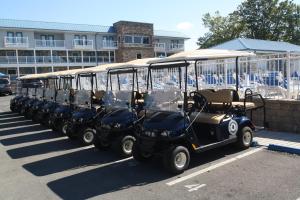 a row of golf carts parked in a parking lot at Put-in-Bay Waterfront Condo #209 in Put-in-Bay