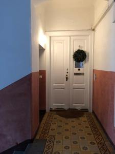 einen Flur mit einer weißen Tür mit einer Topfpflanze in der Unterkunft Sarah's Altstadt Oase Salzburg in Salzburg