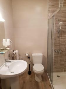 a bathroom with a toilet and a sink and a shower at Complejo Hotelero Saga in Manzanares