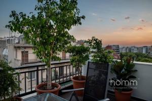 雅典的住宿－59m² homm Loft- Penthouse with Acropolis View,2ppl，阳台种有盆栽树木,享有城市美景