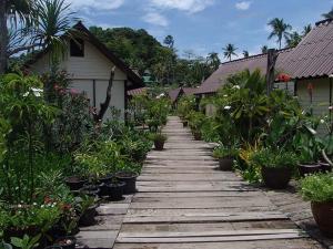 a wooden walkway in a garden with potted plants at P.P. Casita - Adult Only in Phi Phi Islands