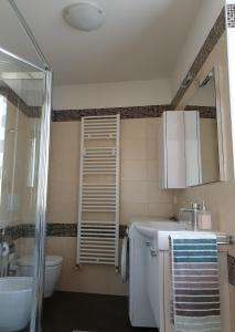 bagno con lavandino, servizi igienici e specchio di Casa Genny a Garda