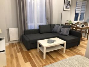 un salon avec un canapé et une table dans l'établissement CR Cichy Apartament w Centrum, à Białystok
