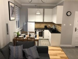 une cuisine et un salon avec un canapé et une table dans l'établissement CR Cichy Apartament w Centrum, à Białystok
