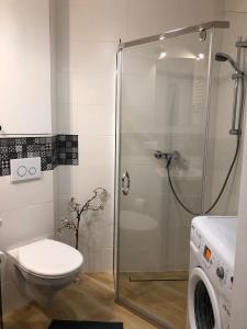 La salle de bains est pourvue d'une douche, de toilettes et d'un lave-linge. dans l'établissement CR Cichy Apartament w Centrum, à Białystok